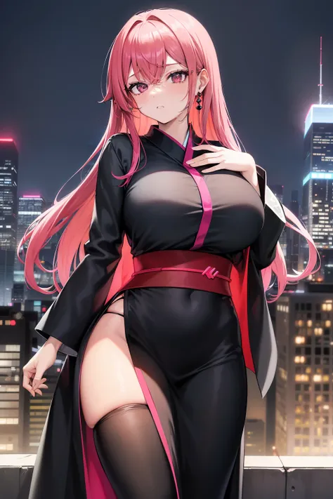 anime, (Obra de arte, melhor qualidade, ultra-detalhada, Alto contraste), 1 mulher (sozinho, corpo todo, corpo plus size, standing on the edge of a towering skyscraper, cabelo prateado, longo e ondulado, olhos vermelhos, olhos perfeitos brilhando com esple...