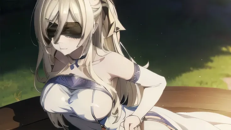 swordmaiden, sword maiden, long hair, bangs, blonde hair, blindfold, (covered eyes:1.2), black blindfold, (large breasts:1.2), pout, pouting, puffy cheeks,
BREAK dress, jewelry, necklace, (white dress:1.5), bare shoulders, collarbone,
BREAK outdoors, fores...