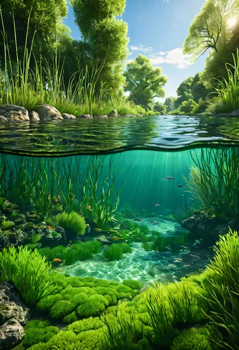 a photorealistic scene of a river with fresh clean water, a characteristic seawater fish swimming underwater, surrounded by lush green algae and tall reeds, cross-section view of the river with trees lining the banks, (best quality,4k,8k,highres,masterpiec...