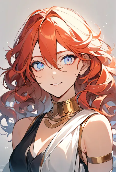 (high-quality, breathtaking),(expressive eyes, perfect face) 1girl, female, solo, young adult, ginger red color hair, tanned skin, pale light blue eye color, medium hair length, fluffy spiky hair, wavy curly hair, black dress with gold trim, tunic, Greek G...