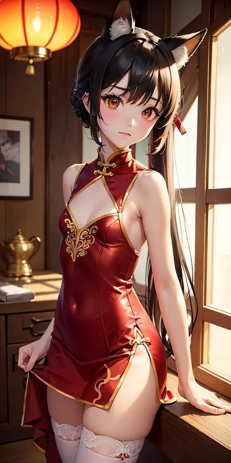 (((professional: Step by step, taking into account even the smallest detail, God-level final result, all intricate details, cowboy shot, solo 1girl view))): "1 fox girl, ruby eyes, fox ears, fox tail, high ponytail, light clothing very thin and transparent...