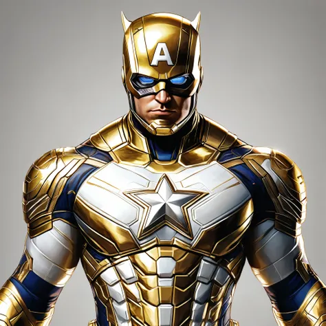 Captain America with a Gold and white costume suit, Game Artwork style, highly detailed, perfectly human anatomy