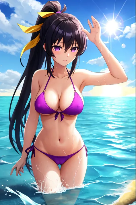 sysdeep_akeno, 1girl, solo, large_breasts, black_hair, ribbon, cleavage, very_long_hair, purple_eyes, hair_ribbon, ponytail, pink_bikini, water, splashing, water_splashing, sun, lens_flare, hq, hd, high quality, masterpiece, 4K, 8K, small bikini, underboob...