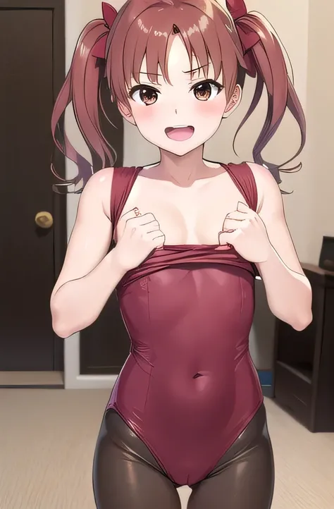 1 futanari girl:1.3, alone, Long Hair, chest, Show Viewer, blush, smile, Open your mouth, Brown Hair, shirt, bow, Twin tails, Brown eyes,, indoor, erection:1.3,Extended period, futanari:1.4, erection under clothes:1.5,shirai kuroko,Super large ,Wearing a g...