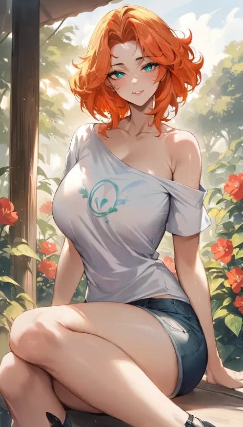 (best quality,ultra-detailed,highres,masterpiece:1.2), detailed eyes, realistic facial features, intense gaze, flawless skin, alluring, soft and natural lighting, vibrant colors,sfw, cool hair,,heeled,Sitting on the gazebo,garden,low shoulder t-shirt,perfe...