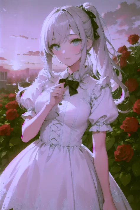 ((best quality)), ((masterpiece)), (detailed), perfect face, long silver hair, ponytail, sky blue eyes, white lolita dress, rose bushes, sunset