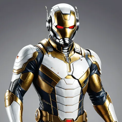 Ant-man with a Gold and white costume suit, Game Artwork style, highly detailed, perfectly human anatomy