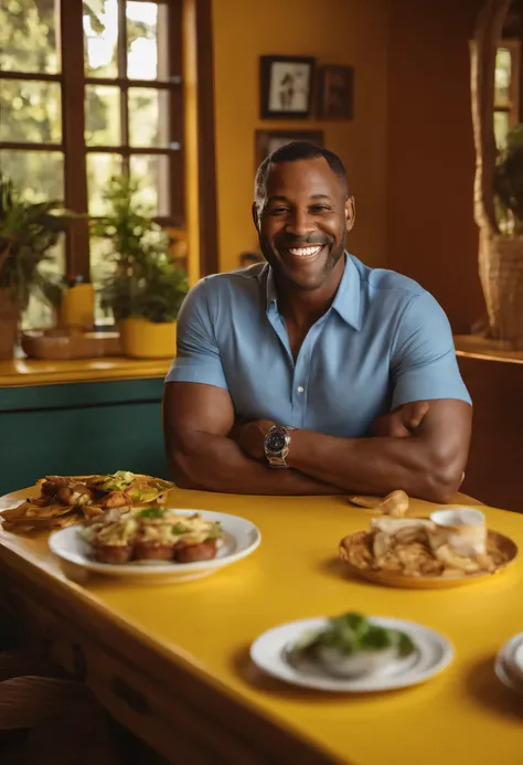 Estilo Pixar da Disney homem sorridente de camisa amarela sentado em uma mesa com um prato de comida, Jorge Pemba, Barry Qindsor-Smith, Homem de pele marrom com um sorriso gigante, foto de um homem, uma foto de um homem, ele tem cerca de 40 anos, ele tem c...