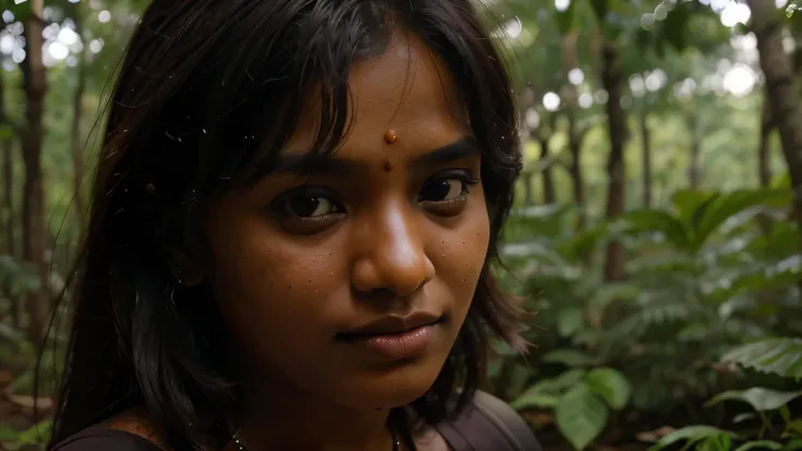 (((HD close up photo))), One standing Malathi looking at the camera, 21 years old, in the forest