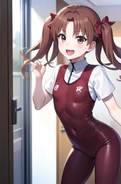 1 futanari girl:1.3, alone, Long Hair, chest, Show Viewer, blush, smile, Open your mouth, Brown Hair, shirt, bow, Twin tails, Brown eyes,, indoor, erection:1.3,Extended period, futanari:1.4, erection under clothes:1.5,shirai kuroko,Super large ,Wearing a g...