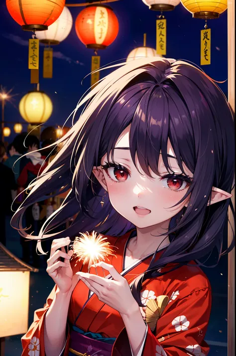 yuukikonno, Yuki Konno, hair band, Long Hair, Pointy Ears, Purple Hair, (Red eyes:1.5), (Small breasts:1.2), Open your mouth,Open your mouth,Long Hair,happy smile, smile, Open your mouth,Purple kimono,Long sleeve,Sandals,night空の花火,Fireworks display,Japanes...