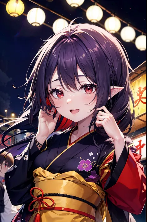 yuukikonno, Yuki Konno, hair band, Long Hair, Pointy Ears, Purple Hair, (Red eyes:1.5), (Small breasts:1.2), Open your mouth,Open your mouth,Long Hair,happy smile, smile, Open your mouth,Purple kimono,Long sleeve,Sandals,night空の花火,Fireworks display,Japanes...