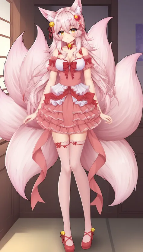 KitsunnyStarVTXL, animal ears, animal ear fluff, yellow eyes, pink hair, long hair, sidelocks, hair between eyes, hair ornament, hair flower, hair bell, red choker bell, medium breasts, fox tail, multiple tails, bare shoulders, cleavage, pink dress, red ri...