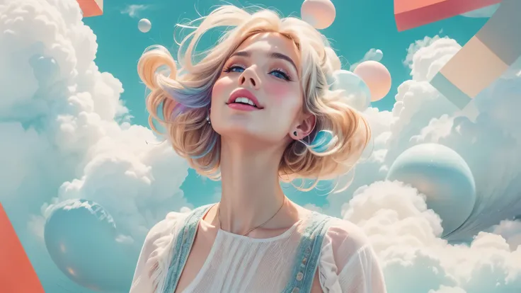 masterpiece, best quality, movie still, 1girl, floating in the sky, cloud girl, cloud, (close-up:1.1), bright, happy, fun, soft lighting, (Bauhaus, shapes, lines, abstract:1.1)