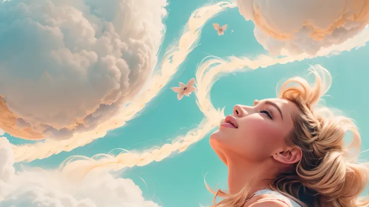 masterpiece, best quality, movie still, 1girl, floating in the sky, cloud girl, cloud, (close-up:1.1), bright, happy, fun, soft lighting, (Bauhaus, shapes, lines, abstract:1.1)