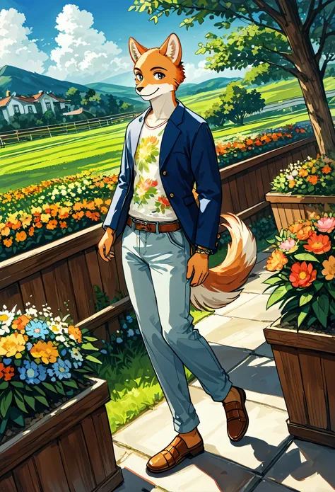 top quality, highres, High-quality illustrations, unparalleled masterpiece(movie of life)farm, Blue sky, clouds, florals Beautiful garden(furry anthro, solo, boy, casual fashion, Relux pose, Smile)absurdres, perfect anatomy, anime style, dynamic angle,