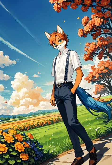 top quality, highres, High-quality illustrations, unparalleled masterpiece(movie of life)farm, Blue sky, clouds, florals Beautiful garden(furry anthro, solo, boy, casual fashion, Relux pose, Smile)absurdres, perfect anatomy, anime style, dynamic angle,