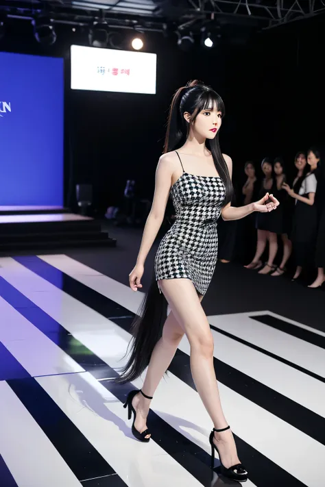 Korean woman, very beautiful, Perfect face, Long black hair，With bangs and a ponytail, She is a model，Walking down the catwalk in a checkerboard dress, Perfect full body. She is being photographed