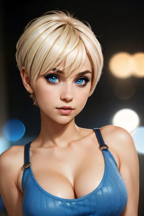 1 girl, blue eyes, blond pixie cut hair, blue mascara makeup, big breasts, cropped knit tank top, portrait, bokeh