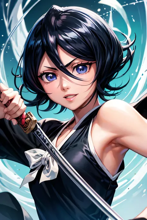 Masterpiece ultra detailed rukia kuchiki bleach blue eyes black short hair beauriful girl smile with katana and close up of your face. with blue dress