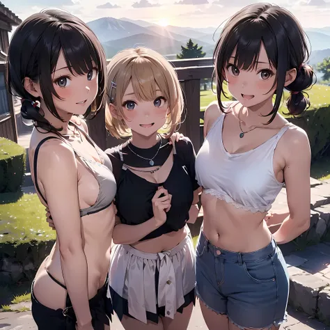 ((masterpiece, best quality, ultra quality, high quality, hyper detailed, intricate detailed, perfect anatomy, shiny skin)), ((upper body:1.2)), (three women are posing for a camera:1.4), (On the mountain trail,At the summit), (sunset), (Lift up your camis...