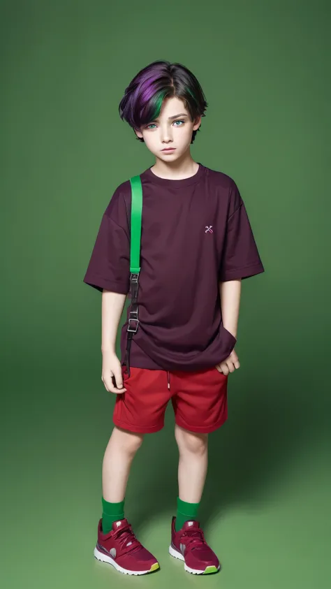 ((((No background)))),One boy,Are standing,  short hair, Dark purple hair, (((Heterochromia,red&green))),Best, green Clothes,