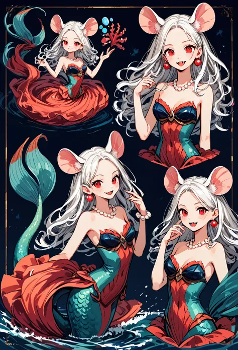 Reference sheet for a pretty anthropomorphic mouse girl magically transformed into a mermaid, fantasy, race change, long fangs, is smiling, drawn in anime style, fishlike, very long curly white hair, red eyes, white fur, slim body, whiskers, mouse ears, lo...