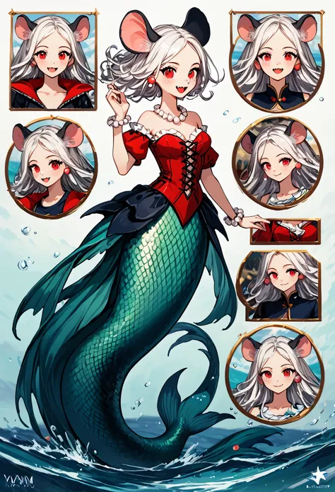 Reference sheet for a pretty anthropomorphic mouse girl magically transformed into a mermaid, fantasy, race change, long fangs, is smiling, drawn in anime style, fishlike, very long curly white hair, red eyes, white fur, slim body, whiskers, mouse ears, lo...