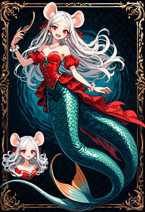 Reference sheet for a pretty anthropomorphic mouse girl magically transformed into a mermaid, fantasy, race change, long fangs, is smiling, drawn in anime style, fishlike, very long curly white hair, red eyes, white fur, slim body, whiskers, mouse ears, lo...