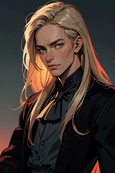 ((man)) (male), perfect face, evil smile, insane, crazy, black coat, black suit, one young male, beautiful long hair, blond hair...