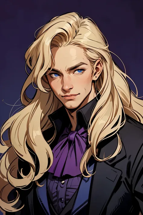 ((man)) (male), perfect face, evil smile, insane, crazy, black coat, black suit, one young male, beautiful long hair, blond hair...