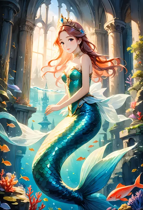 Create an image that captures the essence of classical art and award-winning painting, drawing inspiration from Studio Ghibli style watercolor paintings. Visualize a enchanting watercolor painting of mystical fantasy Mermaid Princess. Her skin should be me...