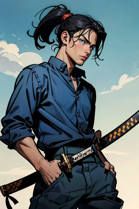 masterpiece, (best quality:1.4), Solo, young male, man, european, blue eyes, black hair, pony tail, pale skin, casual plain clothes, serious eyes, action pose, with a katana