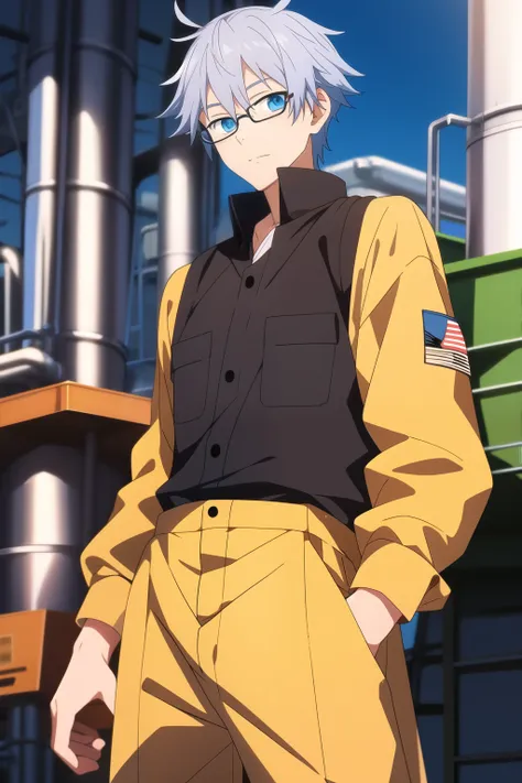 anime guy with gray hair and blue eyes, wearing a factory worker outfit and is also wearing glasses