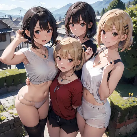 ((masterpiece, best quality, ultra quality, high quality, hyper detailed, intricate detailed, perfect anatomy, shiny skin)), ((upper body:1.2)), (three women are posing for a camera:1.4), (On the mountain trail,At the summit), (sunset), (Lift up your camis...