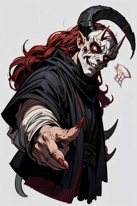 masterpiece, portrait Solo, ((demon)), (((male))), male demon, ((scary demon), (((wearing only one scary white mask))), blood, (((ram curved horns))), long wavy red hair, (((slavic black full clothes))), medieval scarf, monster claws, snake tail