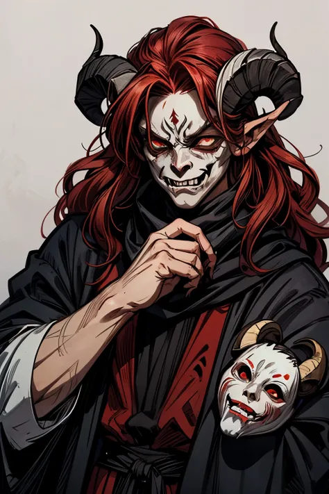 masterpiece, portrait ((Solo)), ((demon)), (((male))), male demon, ((scary demon), (((wearing only one scary white mask))), blood, (((ram curved horns))), long wavy red hair, (((slavic black full clothes))), medieval scarf, claws,