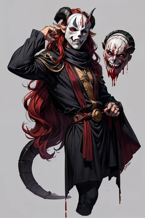 masterpiece, portrait ((Solo)), ((demon)), (((black skin))), hairy skin, (((male))), male demon, ((scary demon), (((wearing only one scary white mask))), blood, (((ram curved horns))), long wavy red hair, (((slavic black full clothes))), long sleeves, medi...