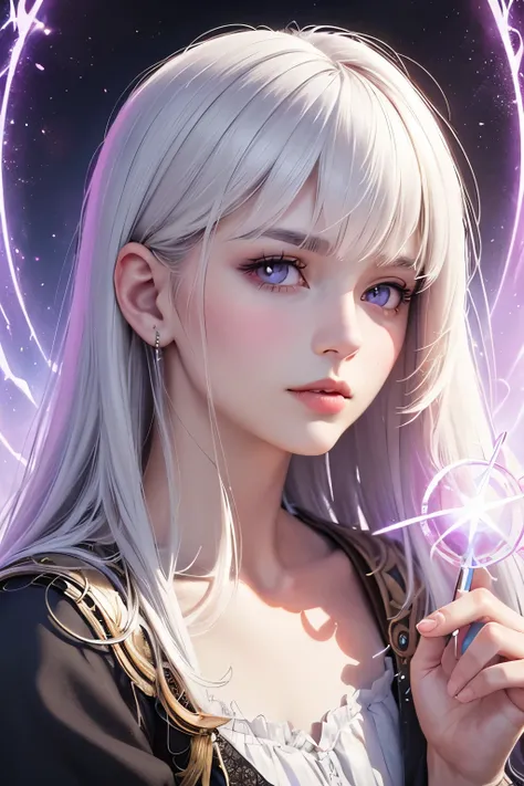 ((the best quality)), ((realistic Artwork)), (detailed), perfect face, ((fantasys character, with white hair, and lilac magic eyes)), (((with magic power on hand)))