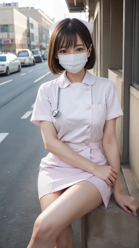 Are standing,Bright outdoors、Walking around the city、1 Japanese girl,A big smile,(Wearing white nurse clothes:1.2),(RAW Photos, highest quality), (Realistic, photo-Realistic:1.4), masterpiece, Very delicate and beautiful, Very detailed, 2k wallpaper, wonde...