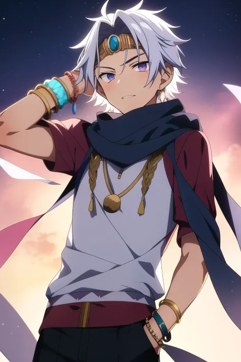 anime teenage boy with silver hair and silver eyes, with bright decorations surrounding him, wearing bangles and bracelets on his wrist and a long scarf wrapped around his forehead