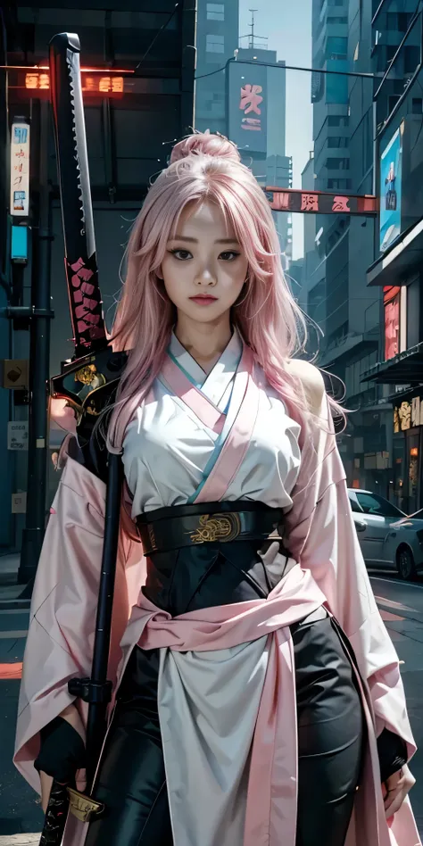 arafed woman in a pink kimono with a sword in a city, very beautiful cyberpunk samurai, anime girl cosplay, anime cosplay, anime...