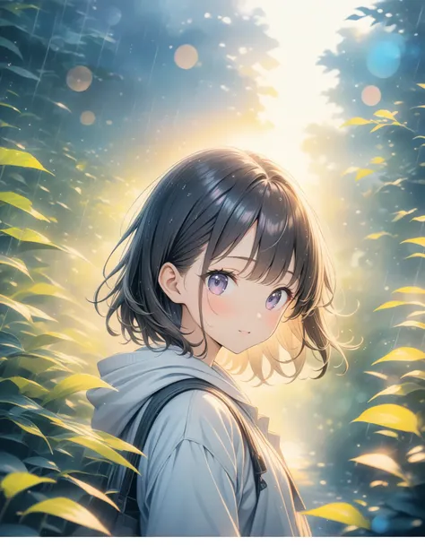 ((style:Colored pencil,pale colour)),(anime)、(masterpiece:1.2),atmospheric perspective,lens flare, f/2.8, 135mm、rain、Foggy forest、Mysterious Light、girl、The surroundings seem hazy、Close-up