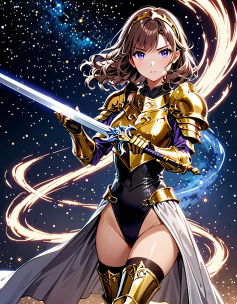 masterpiece, best quality, solo focus, 1girl, 22 years old, brown hair, (wavy hair, short hair), gold headband, purple eyes, beautiful detailed eyes, (gold medieval armor), (eagle (symbol) on chest), gauntlets, (leotard, black leotard, matching leotard, ba...