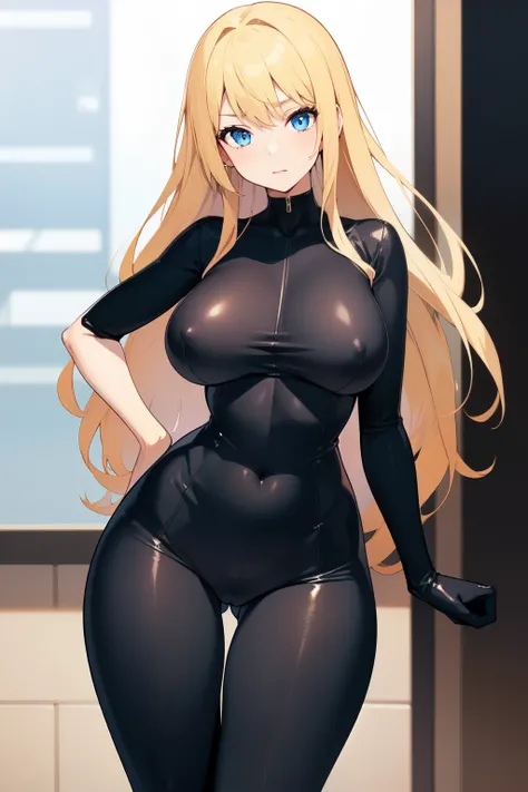 ((tall girl with a perfect figure and flawless breasts and hips, blonde with blue eyes)), ((dressed in a black bodysuit and that&#39;s it, sitting on the couch in the room)), ((in detail, Beautiful graphics))