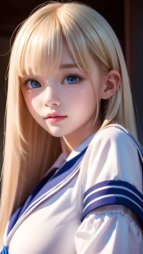 Portrait、(School uniform)、Sailor suit、Bright expression、bangs over eyes、Hair on the face、Younger, brighter, whiter skin、Best Looks、Blonde reflection、Natural platinum blonde hair with dazzling highlights、Shiny bright hair,、Super long, silky straight hair、Sh...