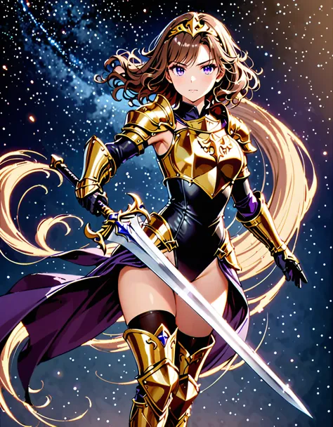masterpiece, best quality, solo focus, 1girl, 22 years old, brown hair, (wavy hair, short hair), gold headband, purple eyes, beautiful detailed eyes, (gold medieval armor), (eagle (symbol) on chest), gauntlets, (leotard, black leotard, matching leotard, ba...