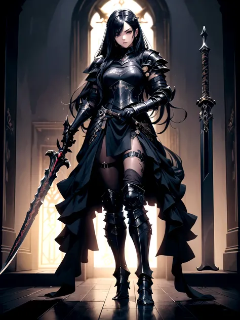 (((masterpiece, best quality, 8k))) Design a layout showcase Gaming character, (1girl),((perfect face, high detailed face)). Black+Gold clothes, opulent and dark, ((showcase weapon:1.4)), cursed blade, (masterpiece:1.2), (best quality), 4k, ultra-detailed,...