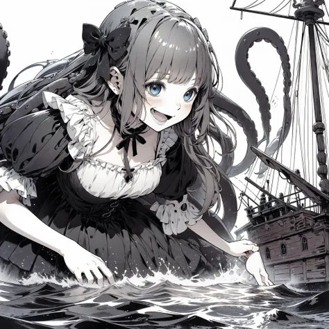 giant girl leaning out of the sea. she wears a gothic dress. dress with ruffles. innocent laughter.  grab and sink the ship. woo...