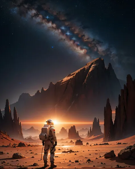 create an illustration of an astronaut standing on the surface of mars. the astronaut should be positioned in the foreground, st...